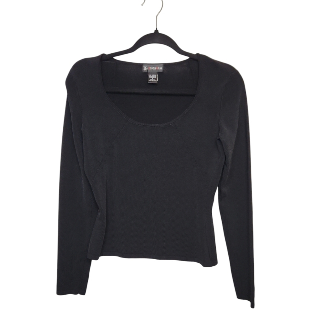NWOT Donna Gray Black Scoop Neck Long Sleeve Minimalist Sweater Top Size S